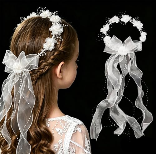 Dilightnews Hårdekorationer för nattvardsflickor, blomkrans med slöja, med vita blommor, pärlor och organzaband för första nattvarden, blomflickor, bröllop och festivaler