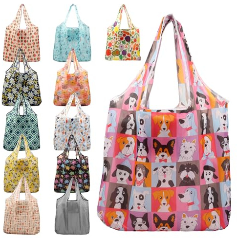 Deuson 12 stycken shoppingväska vikbara, återanvändbara shoppingpåsar med påse, 45,5 x 7 x 60 cm, stora shoppingkassar, kan tvättas i maskin, för resor, daglig shopping och för förvaring