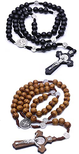 通用 Rosenkranz-Halskette mit Holzperlen, Heiliger Benedikt-Medaille und katholisches Kreuz, religiöses Gebetskette, handgefertigt, 2 Stück, Holz