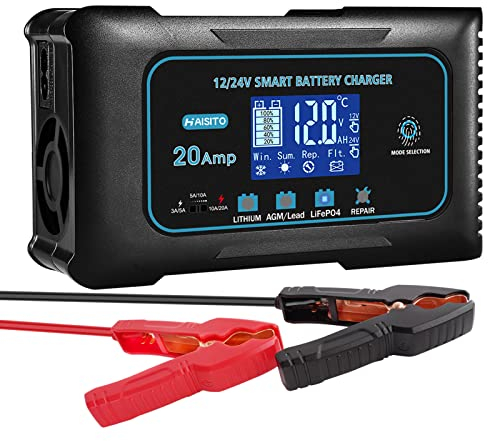 20-Amp LiFePO4 Battery Charger,Lithium,Lifepo4,Lead-Acid(AGM/Gel/SLA..)12V and 24V Car Smart Battery Charger,Trickle Charger, Portable Battery Desulfator For Car,Boat,Motorcycle,Lawn Mower