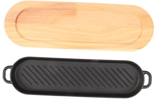 Cabilock Plato De Hierro Fundido Para Servir Carne Con Base De Madera Bandeja Para Barbacoa y Pescado Resistente Compacto y Fácil De Limpiar Para Cocina Doméstica