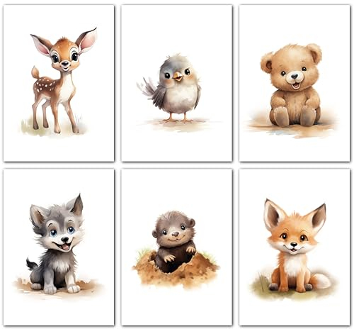 LAVEMA Kinderzimmer Bilder | Babyzimmer Deko Glückliche Waldtiere | Poster A4 ohne Bilderrahmen | Wandbilder Junge Mädchen | Kinderzimmer Wanddeko Tierbilder