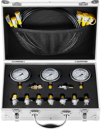 VEVOR Hydraulikdruck-Testset, 250/400 / 600 bar, 3 Messgeräte, 9 Prüfkupplungen, 3 Prüfschläuche, Bagger-Hydraulik-Testmessgeräte-Set mit Tragbarer Tragetasche für Bagger, Traktoren, Baumaschinen