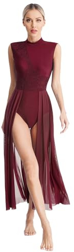 TiaoBug Femme Tutu Justaucorps Danse Lyrique sans Manches Robe Danse Classique Élégante Tenue de Patinage Artistique Robe Cocktail Bal Performance Dancewear S-XXL Bourgogne G S