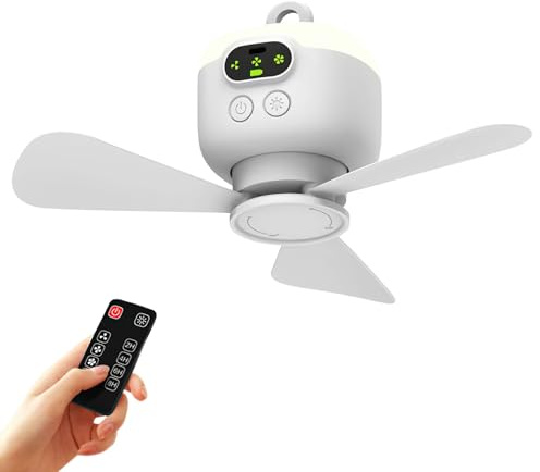 EagerMinds Lampada da campeggio a LED da campeggio, ventilatore da campeggio con luce, ventilatore da campeggio ricaricabile, accessorio da campeggio, 3 marce, ventilatore da tenda con LED per pesca