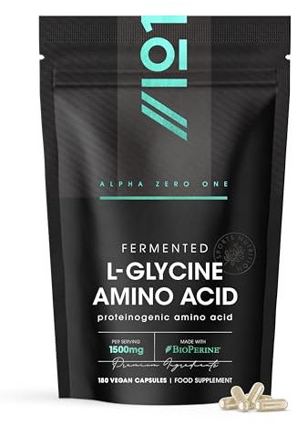 Fermented L Glycine 1500mg with BioPerine® – 180 Vegan Capsules – High Strength L Glycine Amino Acid Supplement – Resealable and Recyclable Pouch by Alpha01