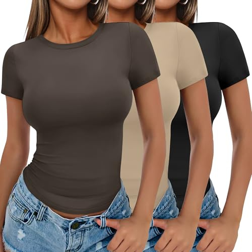Ekouaer Womens 1&3 Pack T-Shirt Short Sleeve Basic Tops Fitted Crew Neck