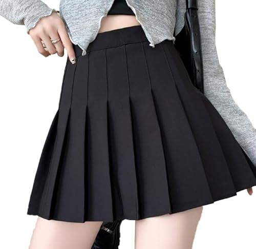 GRECERELLE Jupe plissée élégante à taille haute pour femmes Style A-line JK parfaite pour le printemps, l'automne et l'hiver Idéale pour l'école, les loisirs et le quotidien, Noir , XS