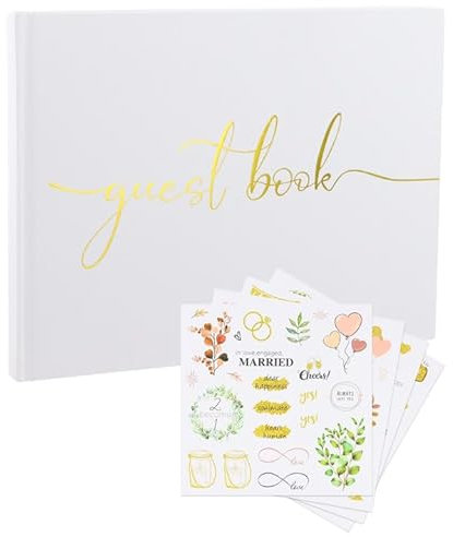 Libro degli Ospiti Matrimonio, Guest Book Matrimonio 24x18cm, 100 Pagine Bianche, Wedding Guestbook Inclusi 4 Adesivi, Guestbook Personalizzato per Nozze, Anniversari (Bianco)