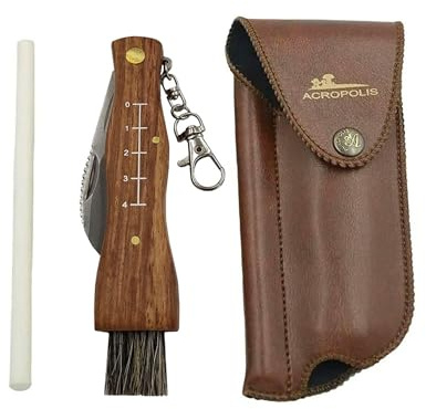 Couteau à champignons avec brosse, aiguiseur et pochette Acropolis | Pliable à la main | Cadeau unique solide pour ramasseur de champignons, papa, maman, grand-père