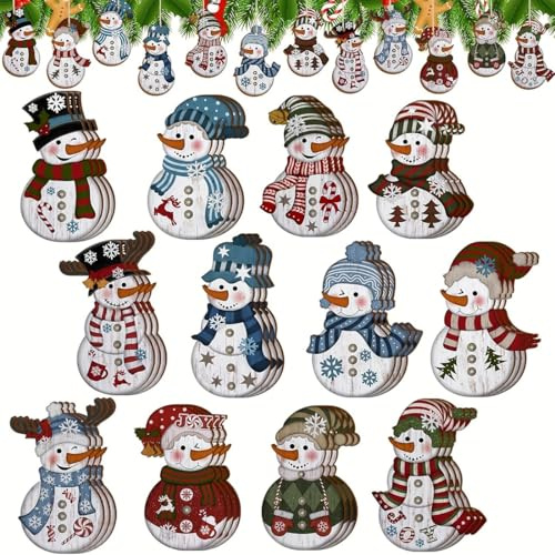 EIHI 24 Pezzi di Decorazioni per L'Albero di Natale di Pupazzo di Neve in Legno - Ornamenti per Appendere L'Albero di Natale Divertenti, Ciondoli Decorativi