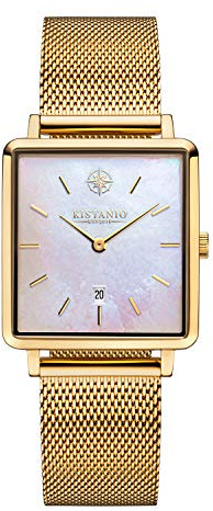 Kistanio Carre Damenuhr mit Milanaiseband Datum Edelstahl Goldfarben Perlmutt Saphirglas CAR-GO-PM-M