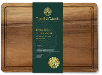 Woolf & Woods | Schneidebrett Holz gross | extra dick | reines Naturprodukt aus Akazie | nachhaltig | unbehandelt | Küchenbrett & Servierplatte | 35cm x 25cm x 3cm