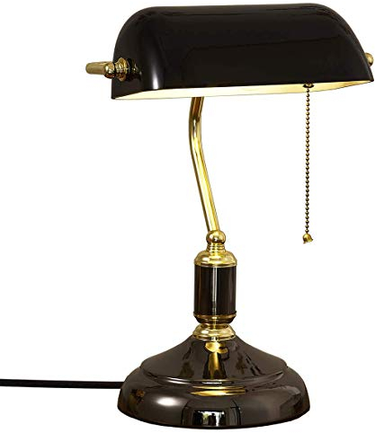 LANMOU Lampada da Scrivania Banchieri Vintage in Vetro Nero E27 Lampada da Scrivania Bankers con Interruttore a Tirare, Finitura Nero e Oro, Lampada da Tavolo Retro Classica