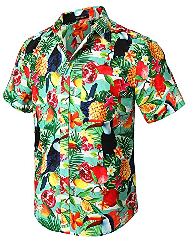 HISDERN Men Funky Hawaiian Bird Pineapple Tree Shirts Short Sleeve Front Pocket Holiday Summer Aloha Beach Casual Mint Green Hawaii Shirt