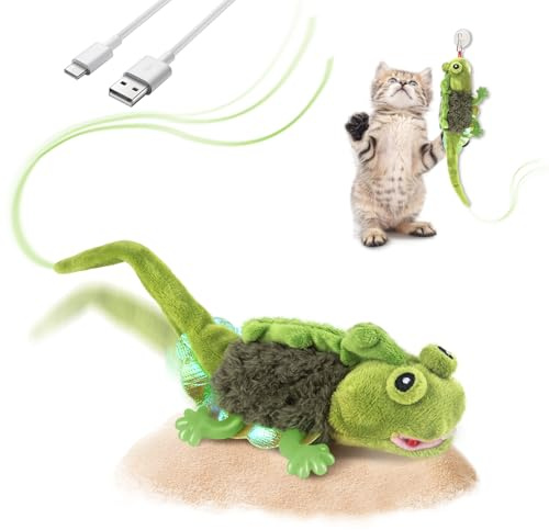 Migipaws Cat Toys, Touch Activated Flapping Chirping Lizard Kitten Toy with Catnip for Indoor Cats Kicker, Rechargeable (Green)