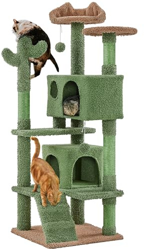 Yaheetech Albero Tiragraffi per Gatti a Forma di Cactus Condominio Palla Gioco in Truciolato e Corda di Sisal 48,5 cm × 48,5 cm × 138 cm