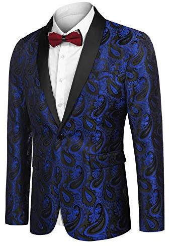 COOFANDY Blazer casual para hombre, chaquetas Paisley, traje retro, jacquard con estampado floral, un botón, abrigos elegantes, chaqueta de esmoquin chic para cena, A azul, M
