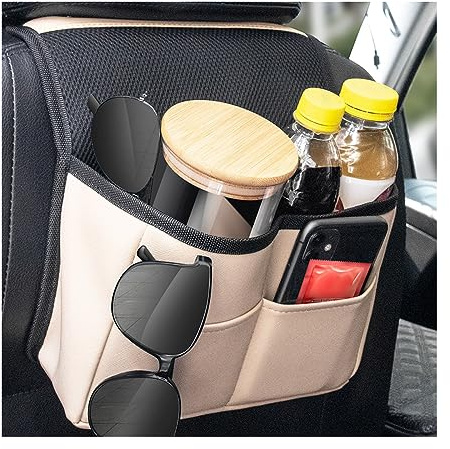 JNNJ Bolsa de Cuero PU para El Asiento del Coche, Organizador para Colgar En El Asiento Trasero del Coche, Multiusos Bolsillo de Almacenamiento para Auto, Interior Accesorios para Auto Viaje(Beige)