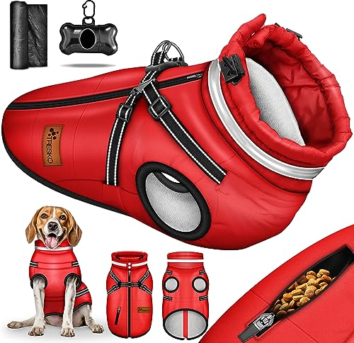 TRESKO® Hundejacke Winter mit Reflektoren inkl. 15 Stück Kotbeutel + Spender | Hunderegenmantel wasserdicht | Hundemantel mit Geschirr | Hunde Winterweste gefüttert (L, Rot)