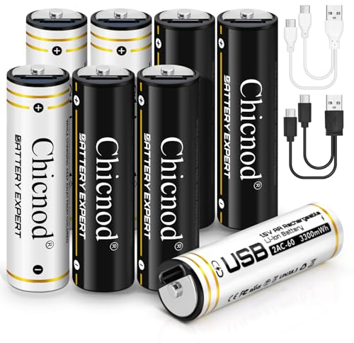 CHICNOD USB-C Rechargeable AA Batteries, 3300mWh Li-ion 1.5V Constant Voltage, Fast Charging Double A Lithium Batteries with Type-C Cable, Long-Lasting for Toys, Remotes, Flashlights, 8 Pack