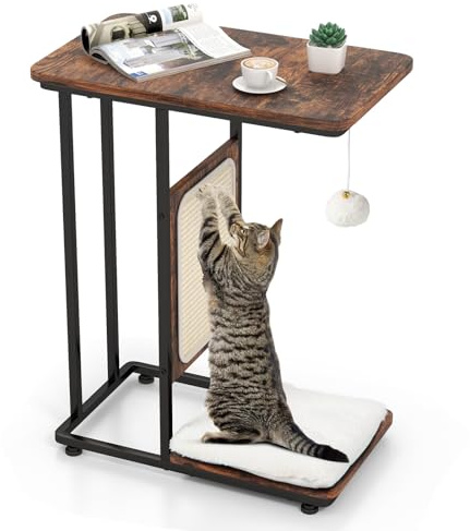 COSTWAY Arbre à Chat et Table d'Appoint, Tour à Chat avec Tapis à Gratter et Balle Suspendue, Griffoir pour Chat avec Coussin Amovible, Dispositif Anti-Basculement et Coussinet Réglable, Marron