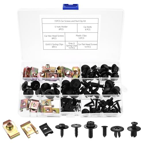 72x Car Screw and Nut Clip Kit, U Clips Base, Auto Body Fender Bumper Fastener, Engine Undertray U Type Clips