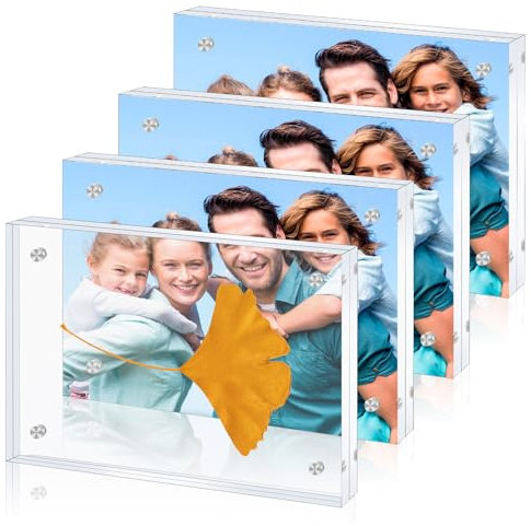 Akamino 4 Pack Acrylic Picture Photo Frame 6 x 4 inch (15 x 10 cm) 20mm Thicker Lucite Double Sided Magnetic Frameless Clear Floating Frames for Display - Free Standing, Use Horizontally or Verticall