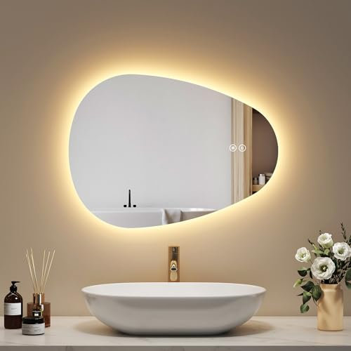 EMKE Miroir Salle de Bain avec éclairage, Anti-buée,45x60 cm,Miroir LED asymétrique,3 Couleurs, luminosité réglable, Fonction mémoire,Extinction Automatique après 3 Heures