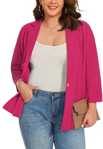 LADI TREND Ladies 3/4 Sleeve Plus Size Summer Jackets Half Lined Dark Bule Job Casual Womens Blazers Stretch Breathable Lightweight Outerwear (Hot Pink 5XL)