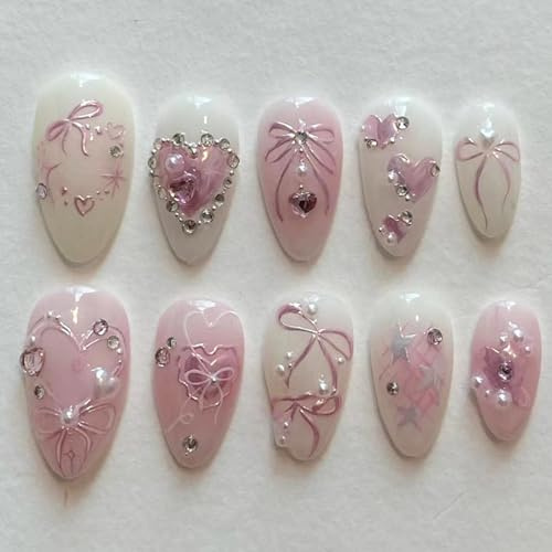 Pink French Tip Press on Nails with Charms Medium Almond Fake Nails with 3D Pearl Rhinestones Designs Cute Bow Acrylic Full Cover Glossy Stick on False Nails Manicure Kits for Women 24Pcs