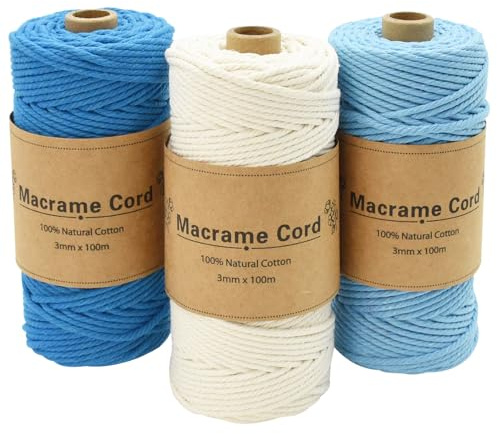 Coriver Hilo Macrame 3 mm, 3x100M Hilo de Macrame, Cuerda Macrame, Cordón de Algodón de Macramé, Hilos Macrame para Tapices Manualidades Cortinas Bricolaje Hogar Decoracion (3. Azul)