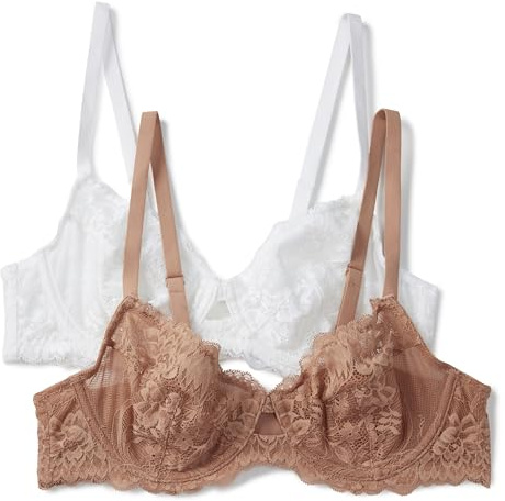 Amazon Essentials Reggiseno a Balconcino Non Imbottito, con Ferretto, in Morbido Pizzo Elasticizzato Donna, Pacco da 2, Bianco/Bronzo Lavato, 2E
