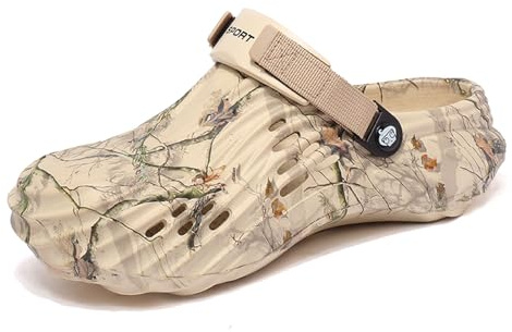 MEIAGDT Zoccolo da giardino da uomo per esterni antiscivolo impermeabili scarpe leggere per la doccia estiva per la casa, la spiaggia e il campeggio, motivo albero, cachi., 42 EU
