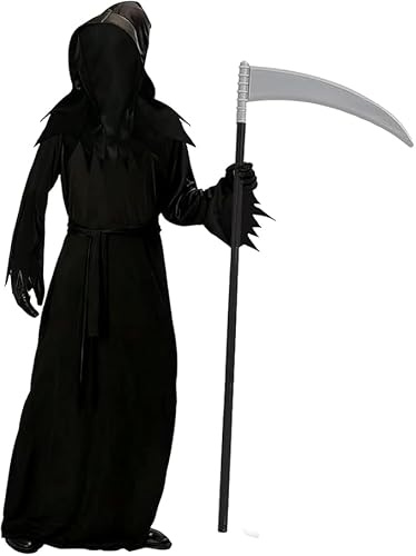 Halloween Costume Ragazza Mietitrice, Costume Halloween Morte con Falce, Costume Principessa Fantasm con Cappuccio, Vestito da Mietitore Scheletro, Abito Horror Mietitore Scheletro (XXL:12–15 anni)