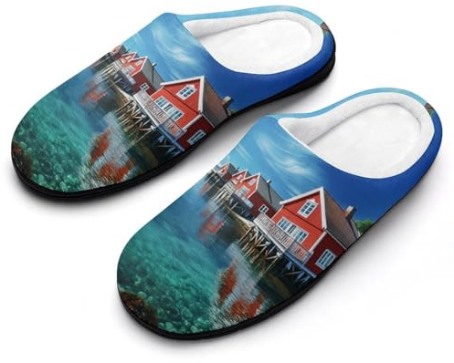 Beautiful Norwegian Landscape Men's House Slippers Comfy Non-slip Home Shoes Warm Cotton Slippers with Rubber Sole 11-12（44-45）