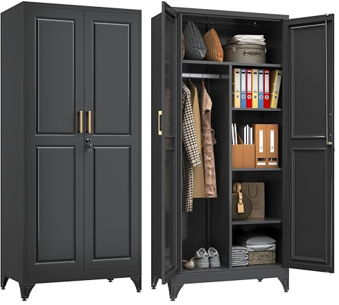SteeLoong Metal Wardrobe Closet,71 H Wardrobe Cabinet with Locking Doors,Black Clothing Storage Cabinets with Hanging Rod and 3 Adjustable Shelves,Armoire Wardrobe Closet for Home Office,School,Gym