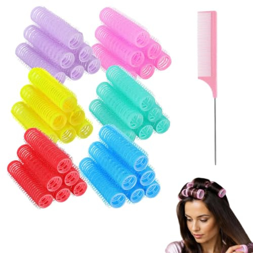Rulos para el pelo sin calor 24 unidades con peine de cola de ratón, mini rulos autoadherentes pequeños para peinar cabello corto o largo, sin daños, ideales para uso nocturno y diario