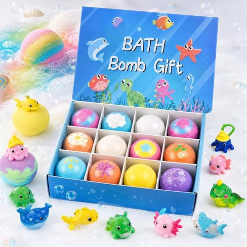 12PCS Kids Bath Bombs Gift Set with Ocean Toy Inside, Colorful Bubble Natural Fizzy Splash Surprise Bath Bombs with Toys Inside for Children, Surprise Animal Toys for Gifts