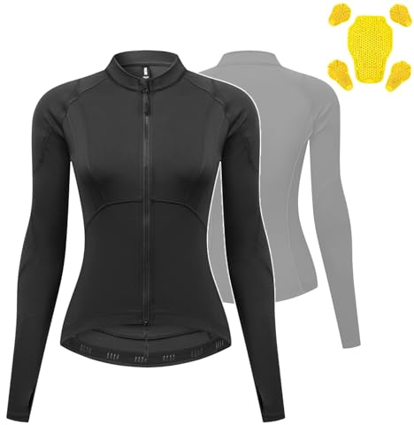 Camiseta Protectora De Moto Para Mujer – Capa Base De Manga Larga Con Cremallera, Protecciones Extraíbles Certificadas CE, Chaqueta Transpirable Ajustada Para Uso Diario Y Carretera,Black-L