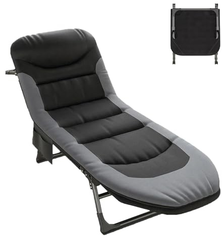 YUODIJIO Camp Beds for Adults with Side Pocket, Folding Camping Bed with Mattress and Pillow, 6-Position Adjustable Backrest, Fishing Bed for Travel Office Outdoor, 133 cm x 67 cm x 90 cm (Black)