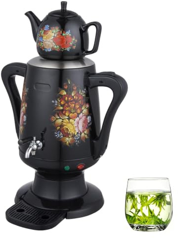 Elektrisk tebryggare 3,5 l, turkisk samovar vattenkokare med 1 l keramisk tekanna, håller varmvattendispenser för automatiskt med kran och droppbricka för hem, kaffe, te fester