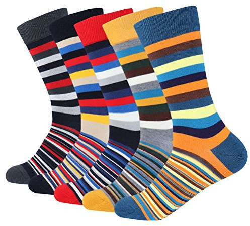 Men's 5-pair Funky Striped Pattern Colorful Cotton Dress Crew Socks for Business Funny Casual Rainbow Socks Size 7-12
