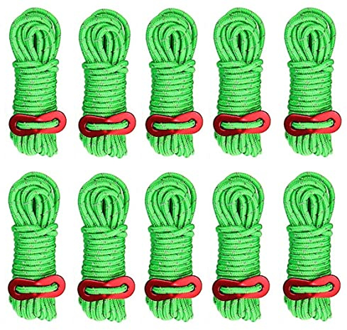 KAHEIGN 10Pcs Reflective Tent Guy Ropes, 4mm Light-Weight Tent Camping Rope 4M Long Tent Guide Lines Cord with Tensione Adjuster for Outdoor Camping Hiking Awning Tents Windproof