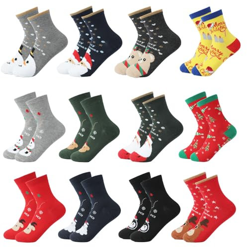 Shujin Unisex Weihnachtssocken 12 Paare Mix Design Weihnachten Socken Festlicher Spaß Neuheit Weihnachtsmotiv Socken Christmas Socks Atmungsaktive für Damen und Herren(12 Paar/Set B,One Size)