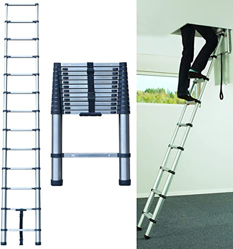 3,8m 12,4ft Échelle Télescopique Portable Échelle Pliant en Acier Inoxydable Telescopic Ladder EN131 pour Attic/Grenier 150kg Charge