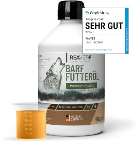 Revet, olio per mangimi professionale 05/24, 500 ml, per cani, 1. spremitura a freddo, olio per barf, olio per mangimi per cani, miscela di alta qualità e perfetta, additivo per cani, naturale e