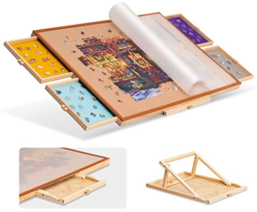 Tektalk Jigsaw Puzzle Table with Integrated Adjustable Stand/Bracket and Removable Cover, for Up to 1000/1500 Pieces (with Leather Bar & Embedded Adjustable Stand)