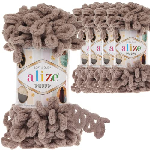Alize 5 x 100 g puffy turkisk ull, superBulky chenillegarn, gosigt mjukt babyull, handstickgarn för virkning, mjukt chenillegarn, XXL-nystan för amigurumi (beige | 530)