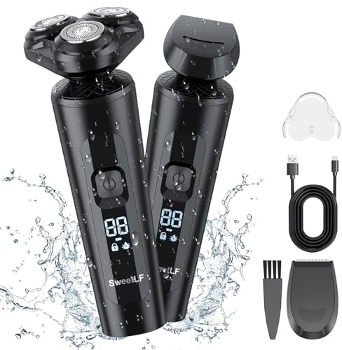 SweetLF Rasoirs Electrique Homme, Rasoirs électriques Humide et Sec IPX7 Etanche LCD Affiche Détachable 5D Rotatif Rasoir électrique avec Tondeuse à Barbe